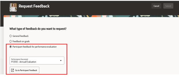 Screen capture of the Request Feedback Page