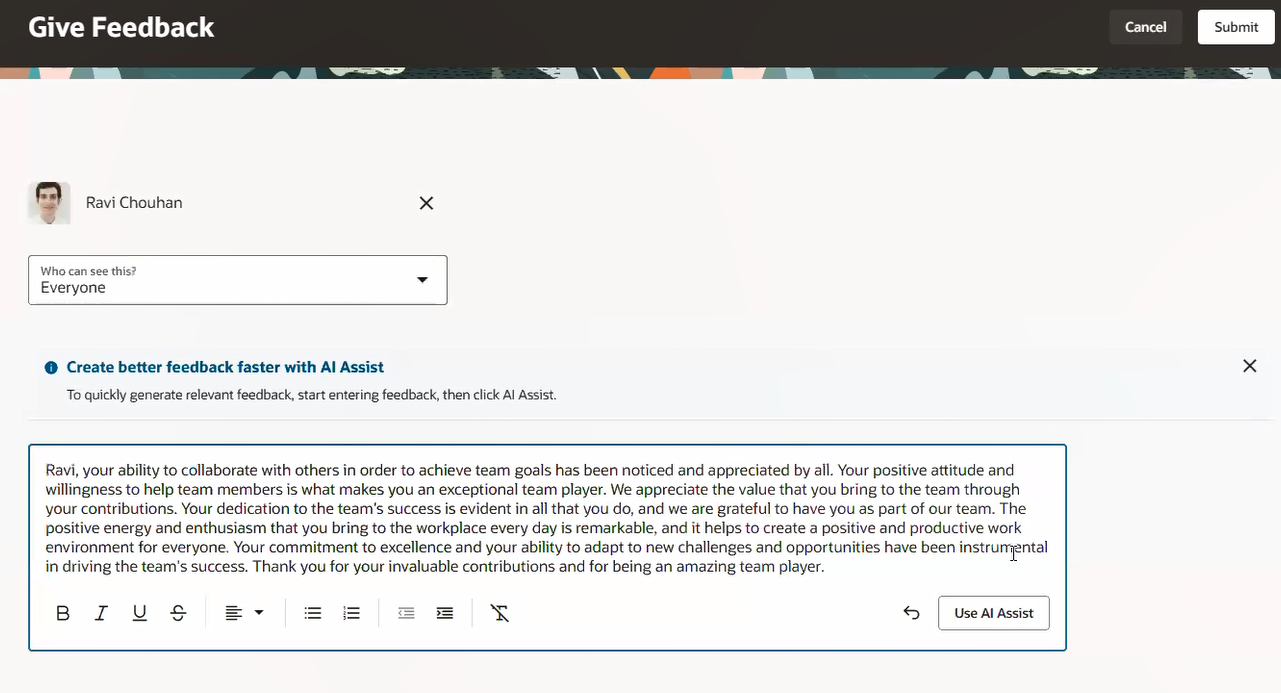 Screen capture of AI Assistance for Giving Feedback
