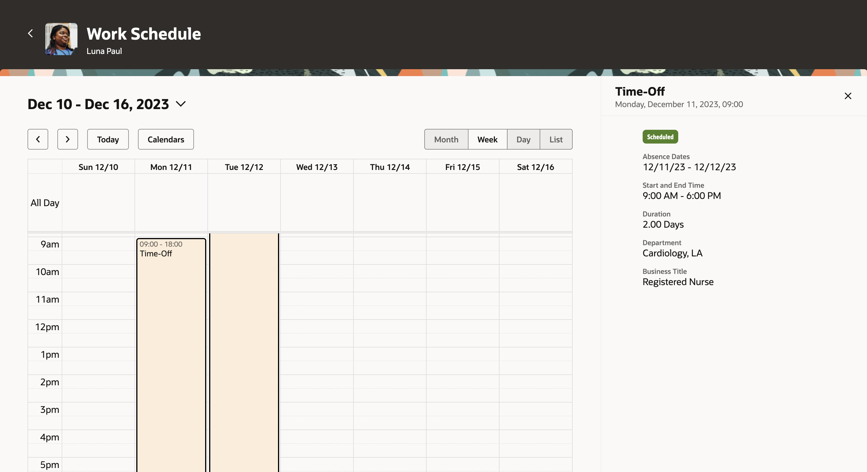 Work Schedule Showing the Week View and Time Off Absence Details Panel Drawer for a Multiday Absence