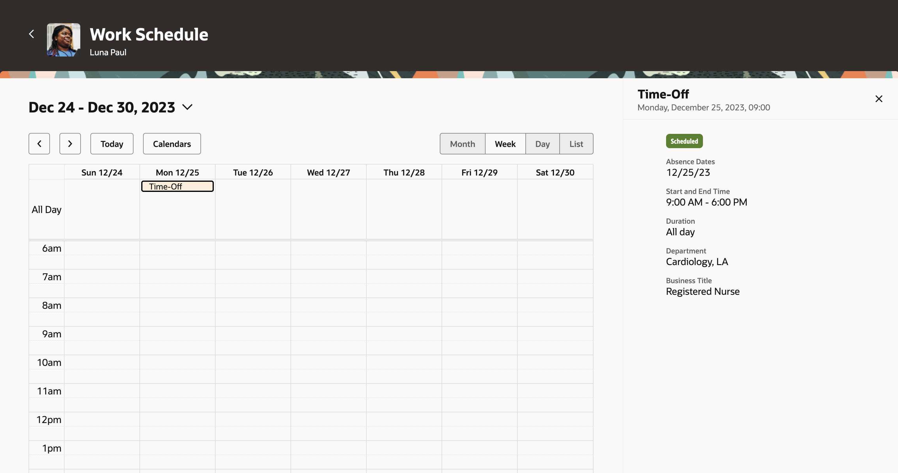 Work Schedule Showing the Week View and Time Off Absence Details Panel Drawer for a Single-Day Absence