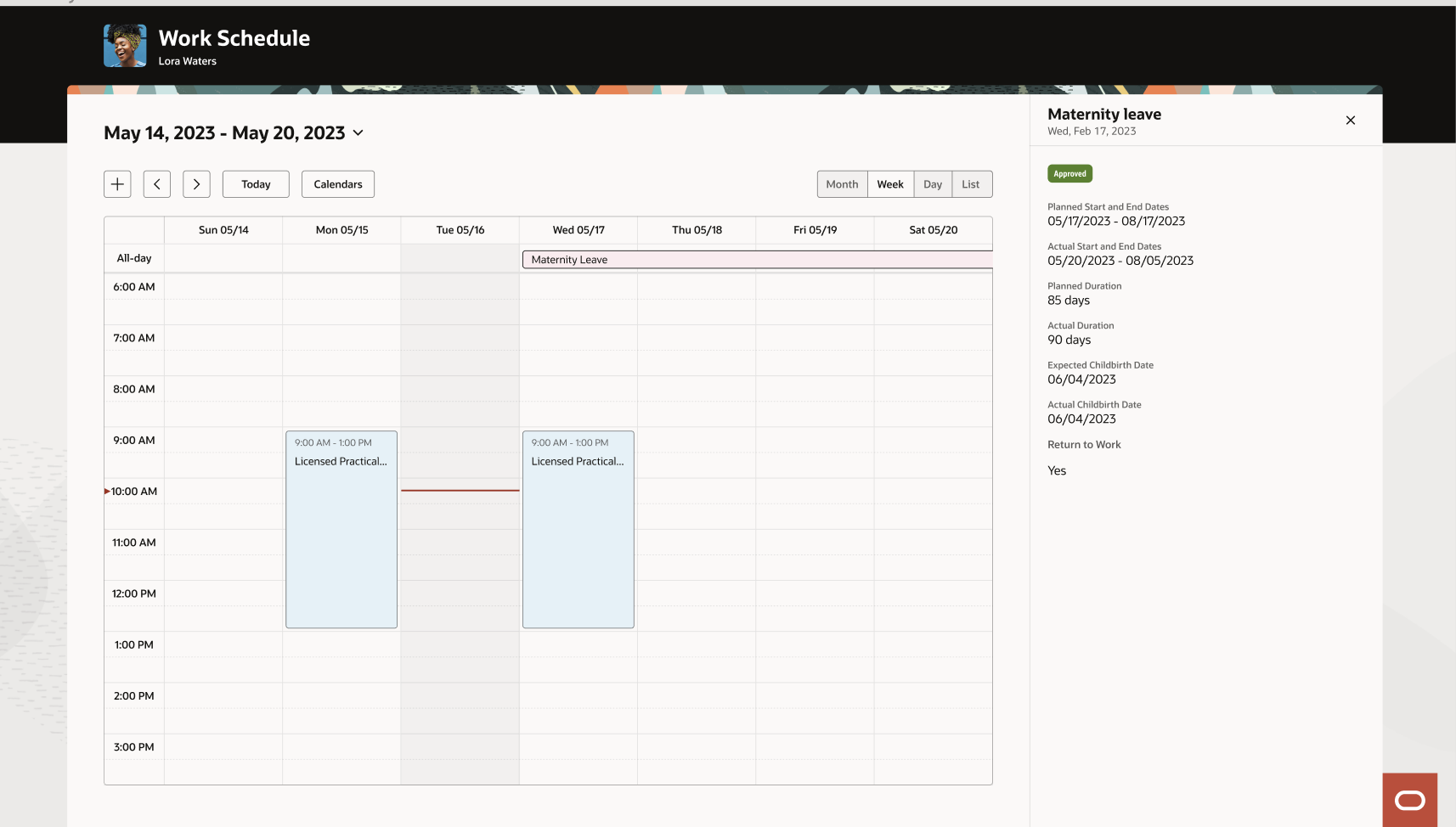 Work Schedule Showing the Week View and Maternity Leave Details Panel Drawer