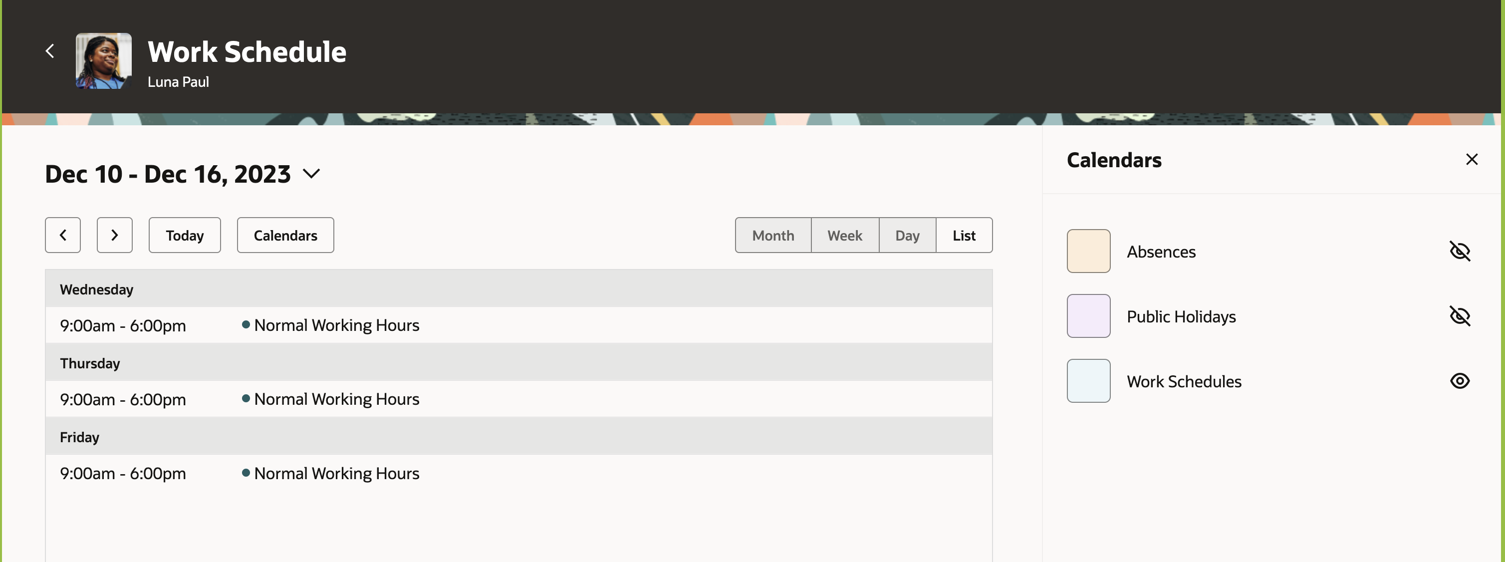Calendar Showing only Work Schedules in List Format