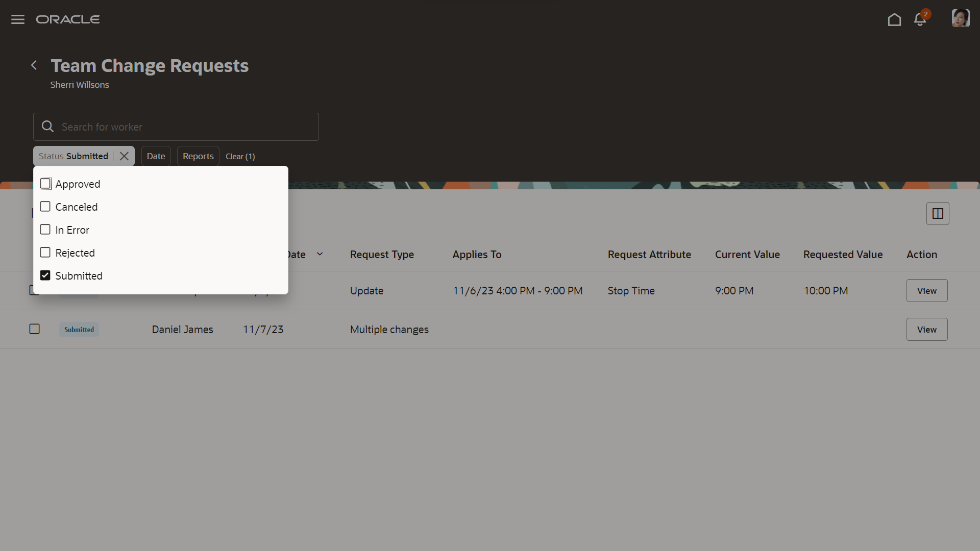 Redwood Team Change Requests Showing the Status Drop-Down List