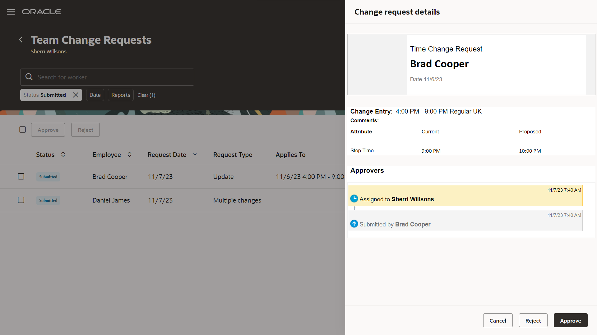Change Request Details Panel Drawer Opened from the Redwood Team Change Requests Page
