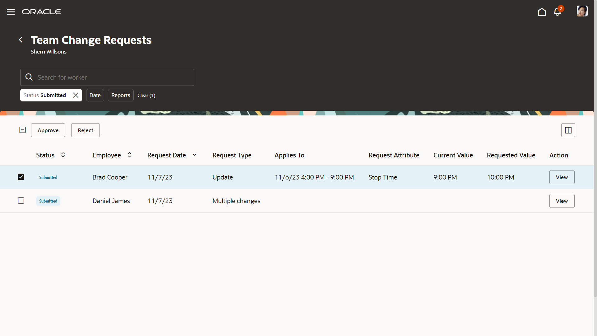 Redwood Team Change Requests Page Showing a Selected Change Request and the Available Approve and Reject Buttons