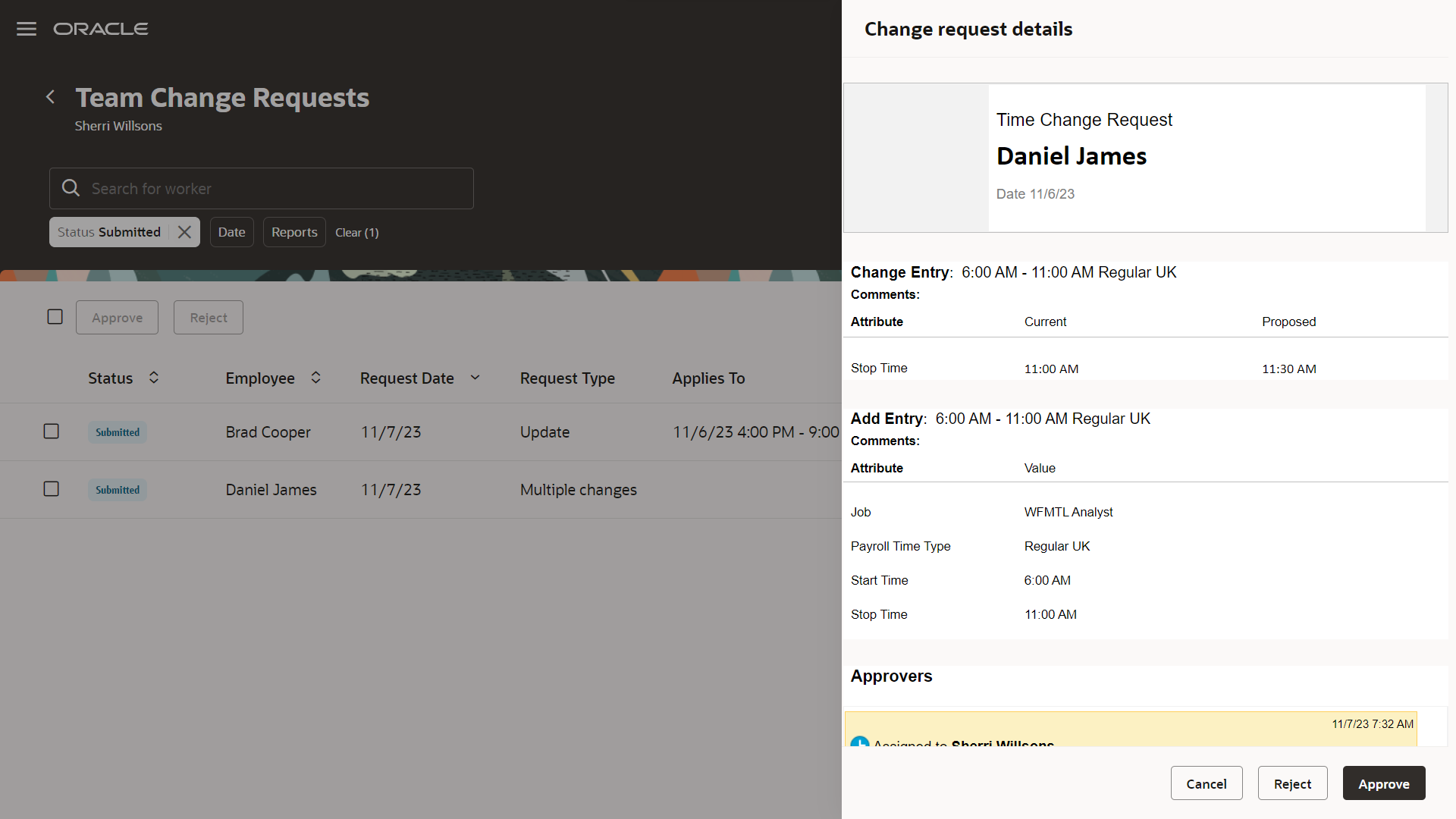 Redwood Team Change Requests Page Showing the Multiple Changes Request Type and Details Drawer