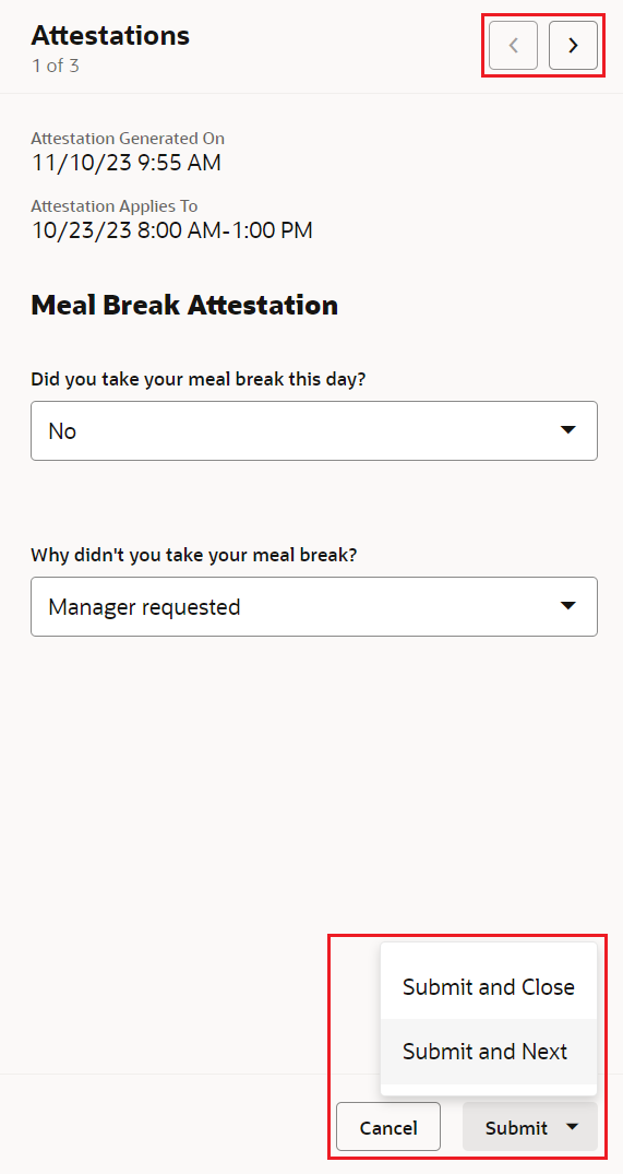 Enhanced Time Card Attestations Drawer Showing the Next Navigation Button as Available and the Submit Options