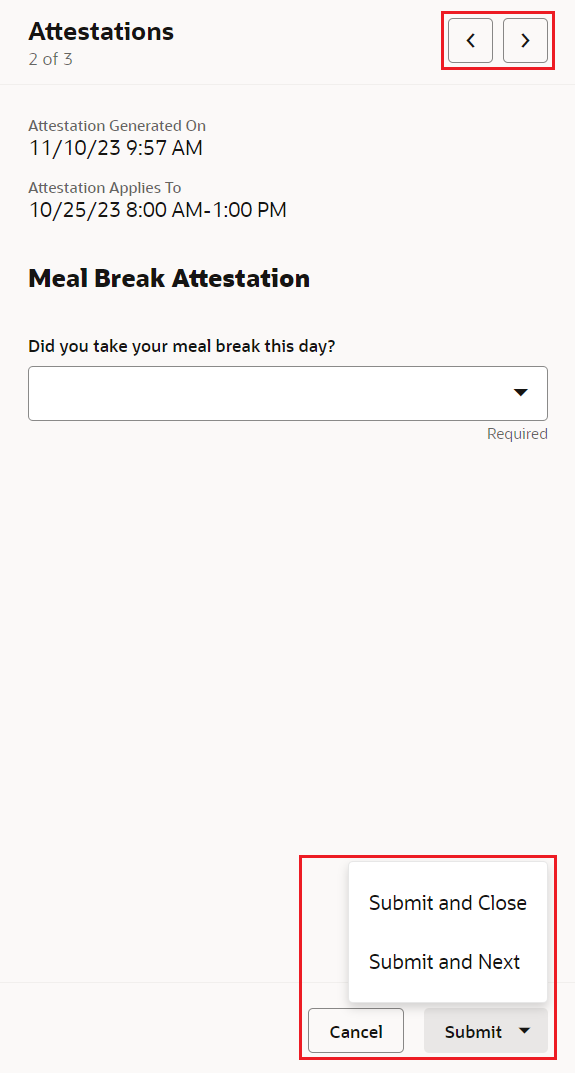 Enhanced Time Card Attestations Drawer Showing Both Navigation Buttons as Available and the Submit Options