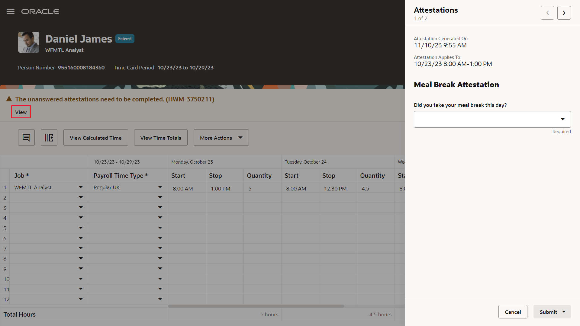 Enhanced Time Card Attestations Drawer Showing the Warning Banner Message That You Have Attestations to Answer