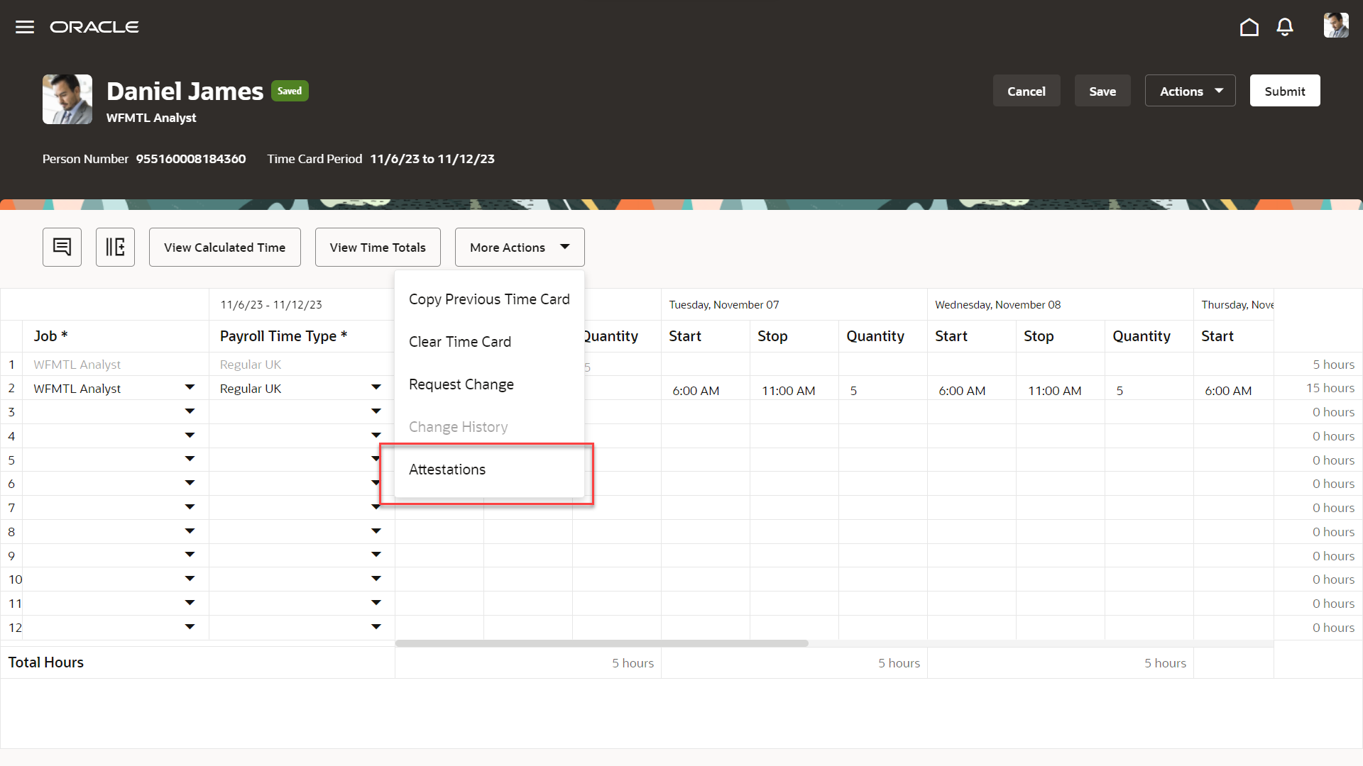 Enhanced Time Card Page Showing the More Actions > Attestations Menu Option