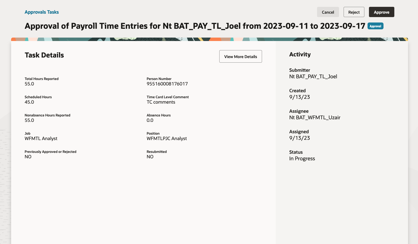 Details Page for the Selected Approvals Task