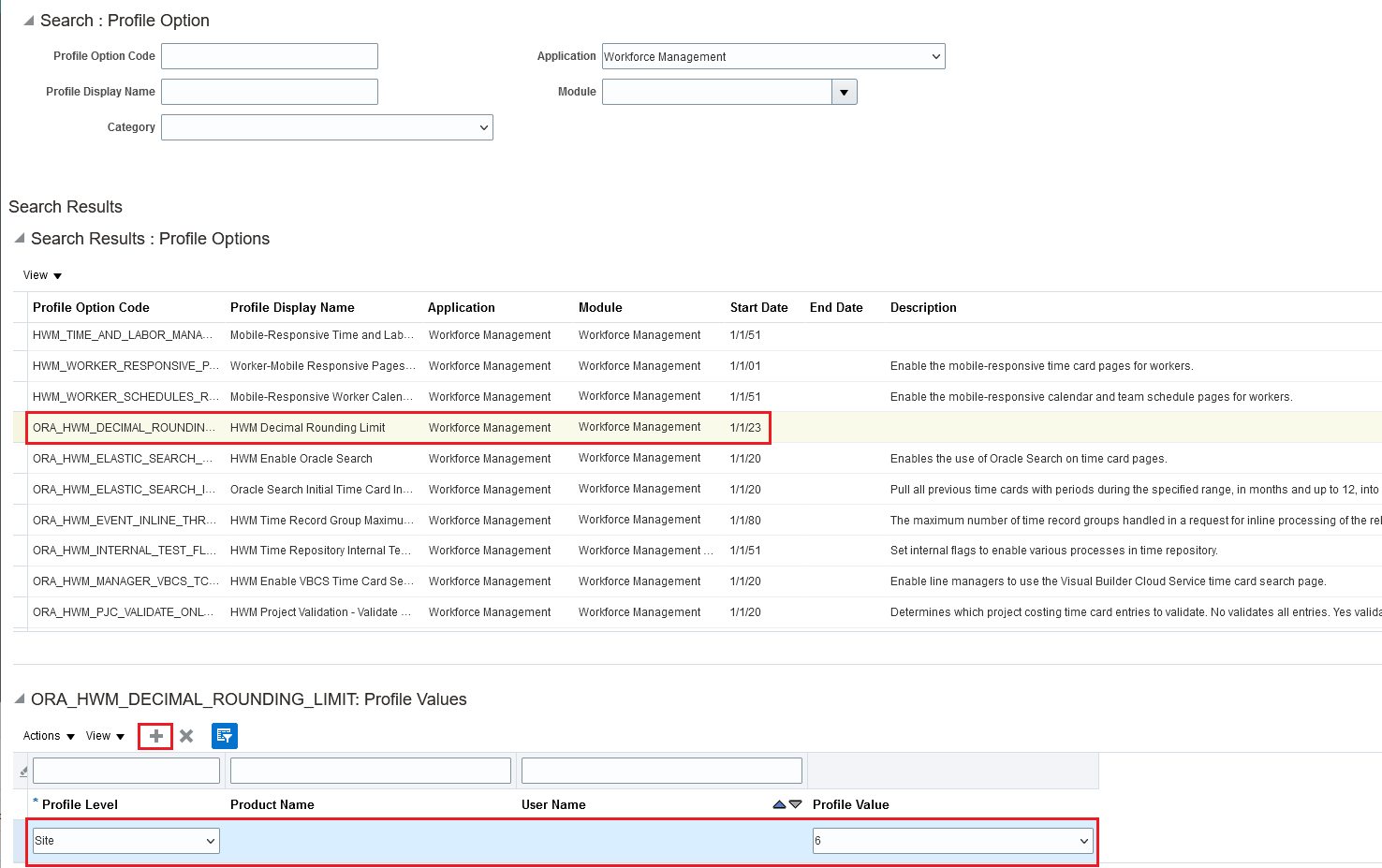 Manage Administration Profile Values Page with ORA_HWM_DECIMAL_ROUNDING_LIMIT Included in the Search Results