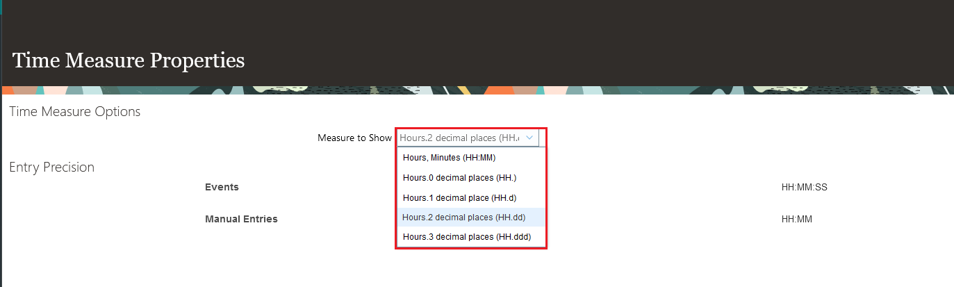 Time Measure Properties Page Showing the Measure to Show Options