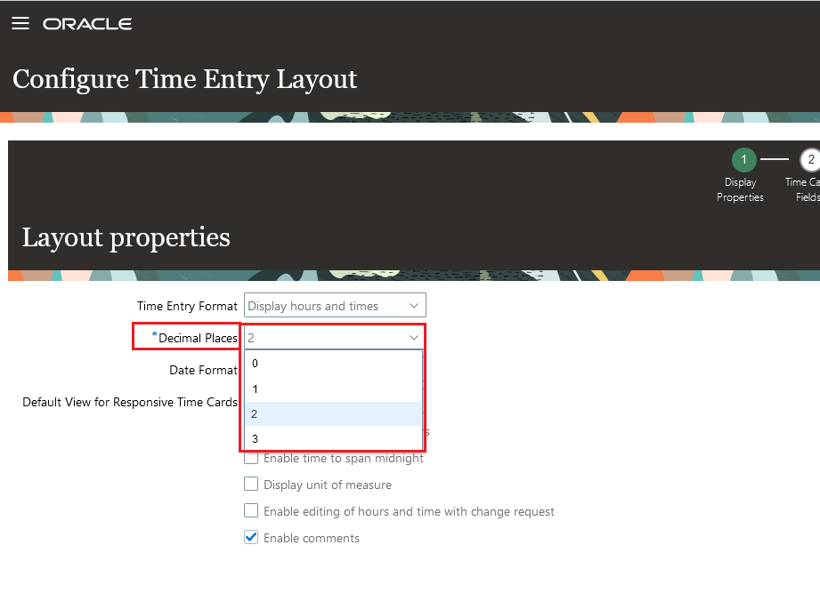 Configure Time Entry Layout Page Showing the Decimal Places Drop-Down List