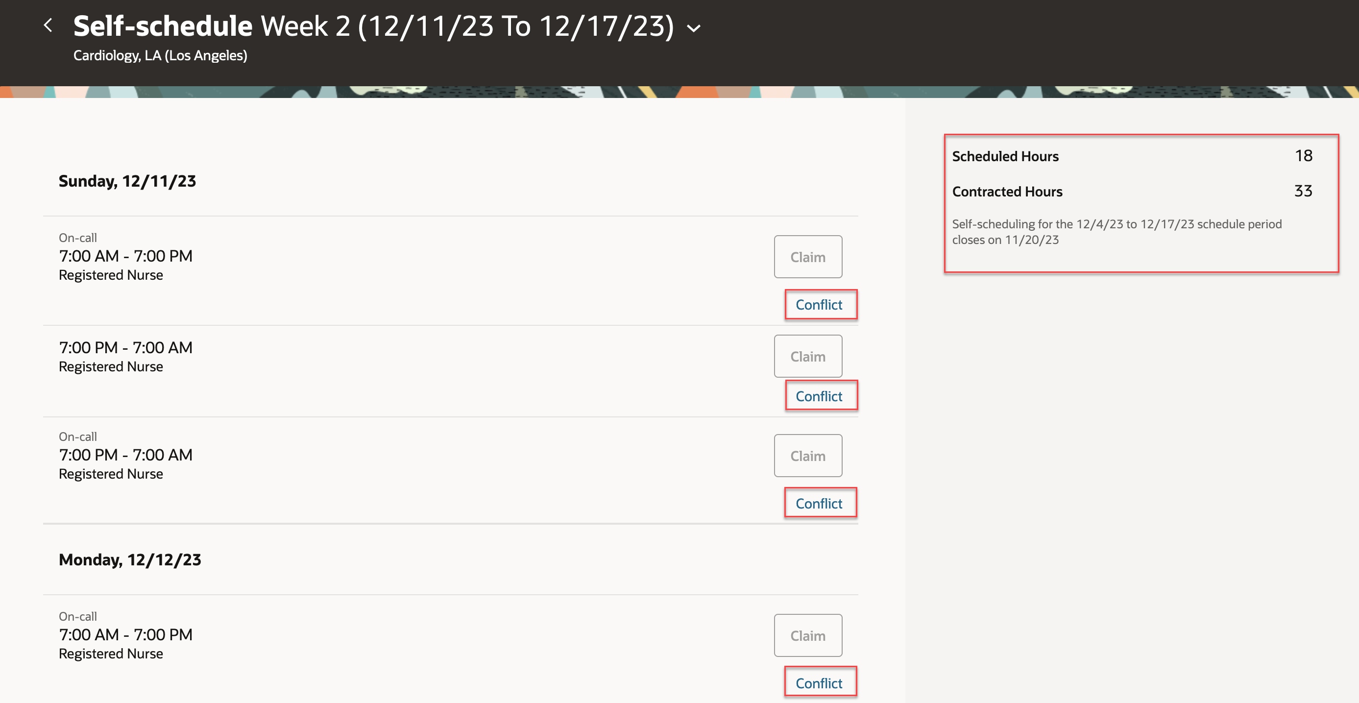 Desktop Self-Scheduling Page Showing the Available Shifts for Week 2 of the Schedule Period, Scheduled and Contracted Hours, and Shift Conflicts