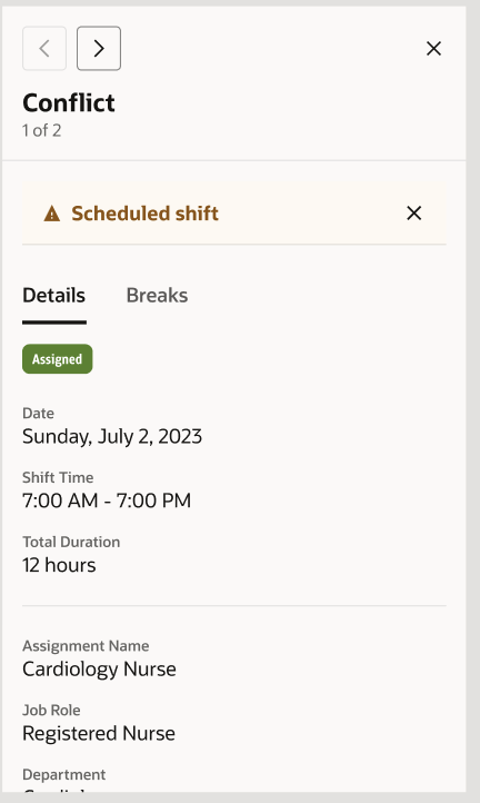 Mobile Conflict Panel Showing the Details of an Overlapping Scheduled Shift