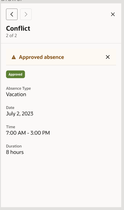 Mobile Conflict Panel Showing the Details of an Overlapping Approved Absence