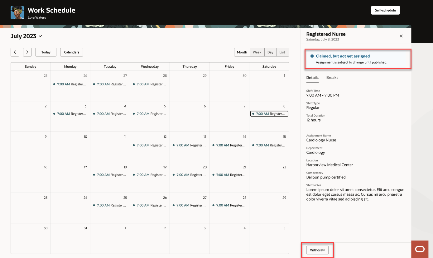 Desktop Shift Details Drawer Showing an Information Banner about the Shift Being Claimed But Not Yet Assigned