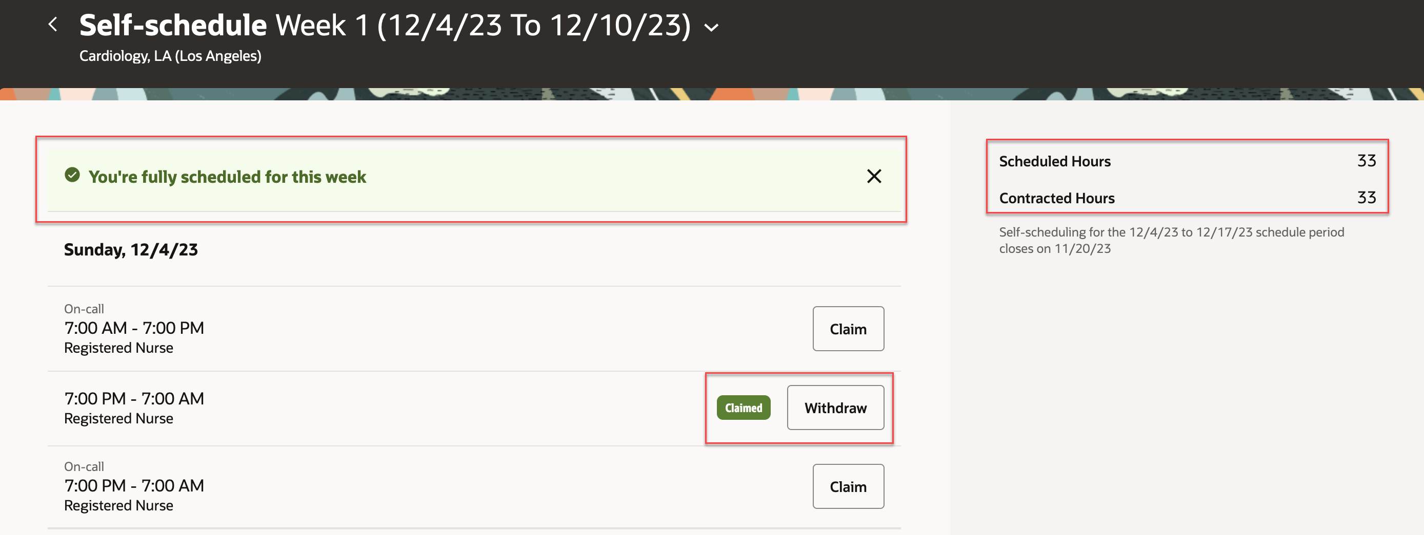 Desktop Self-Scheduling Page Showing the Claimed Badge and Withdraw Button