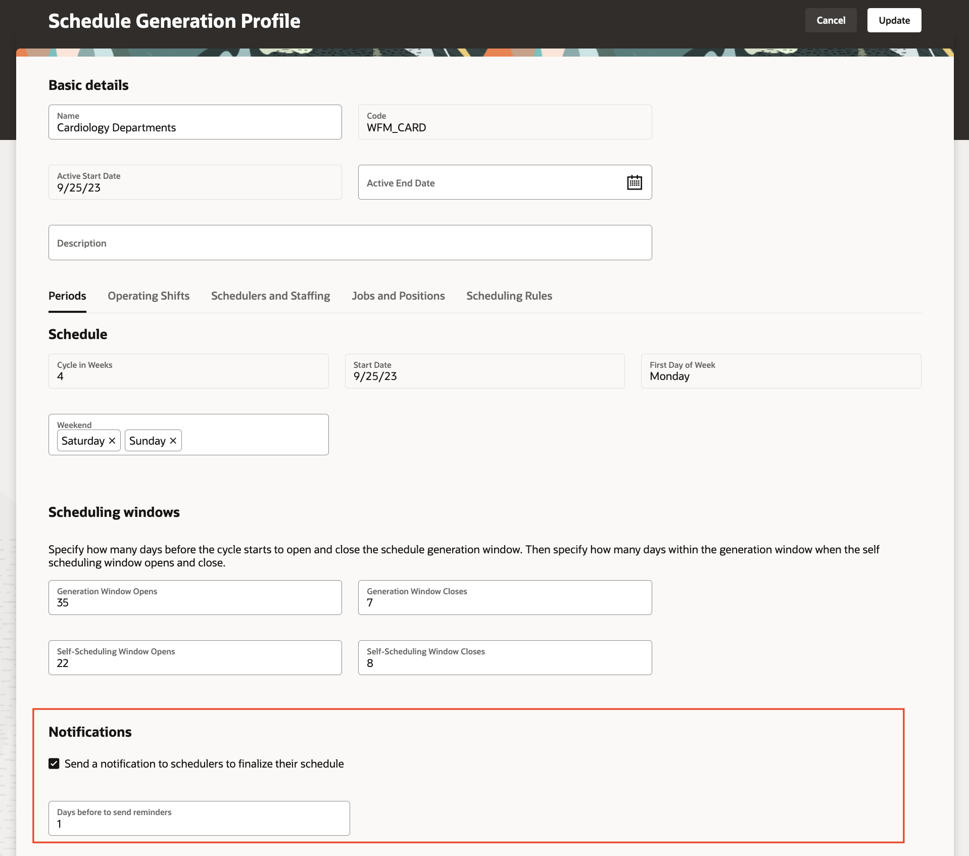 Schedule Generation Profile Showing the Notifications Section