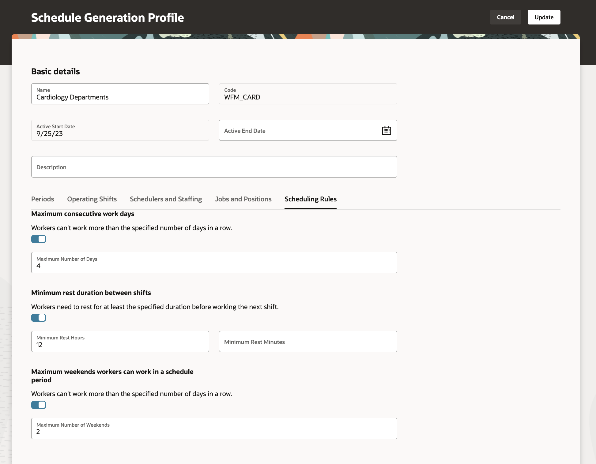 Schedule Generation Profile Showing the Scheduling Rules