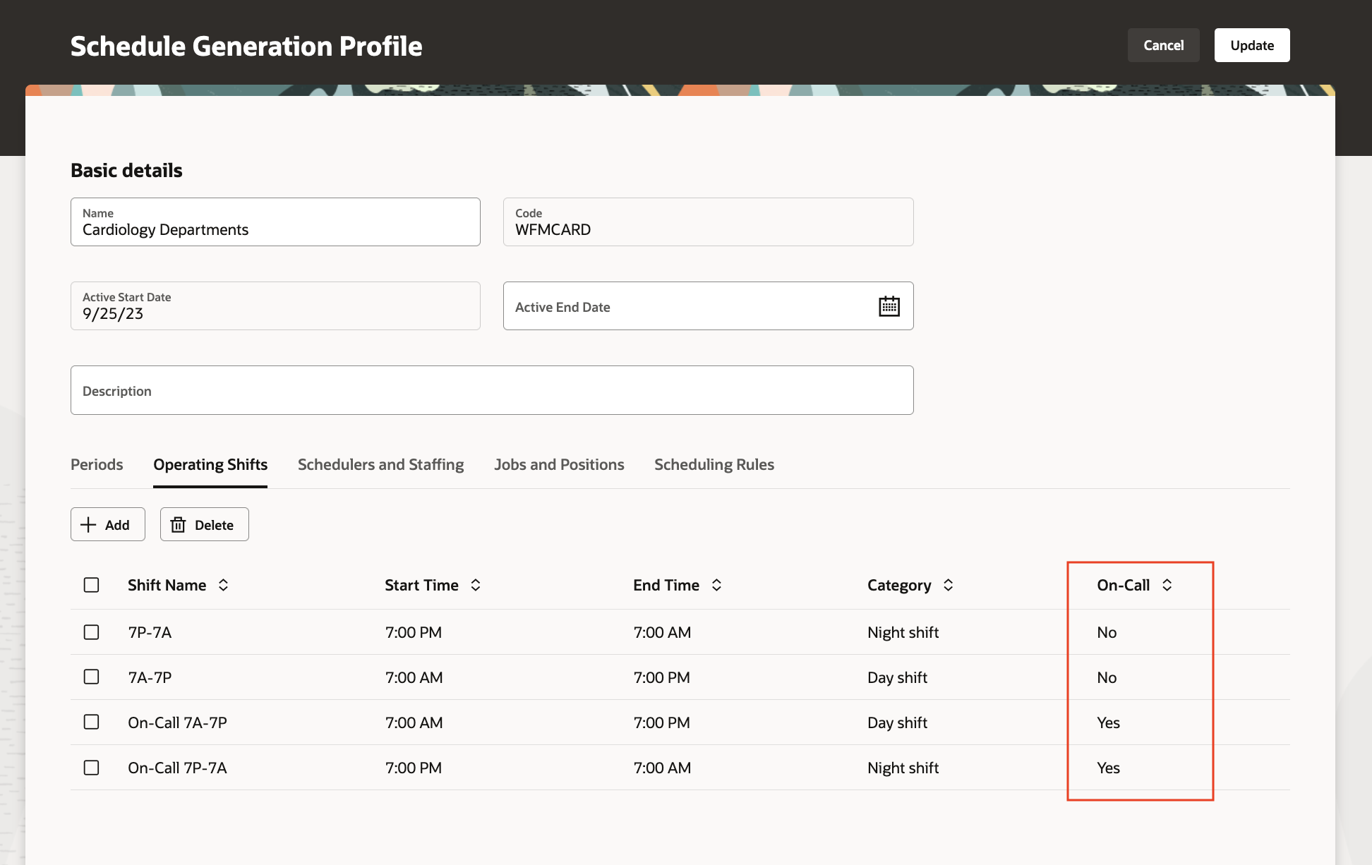 Schedule Generation Profile Showing the On-Call Column on the Operating Shifts Tab