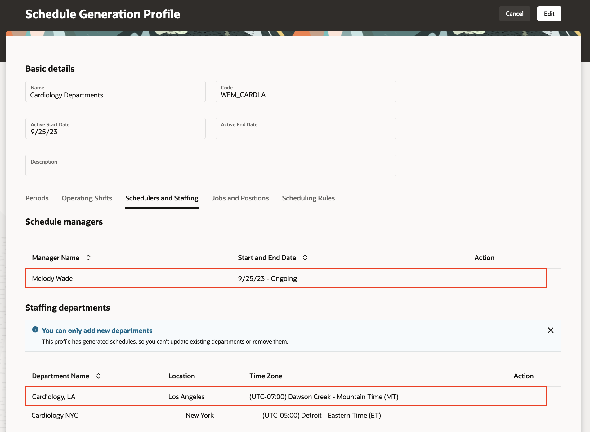 Schedule Generation Profile Showing the Schedule Manager and Staffing Departments