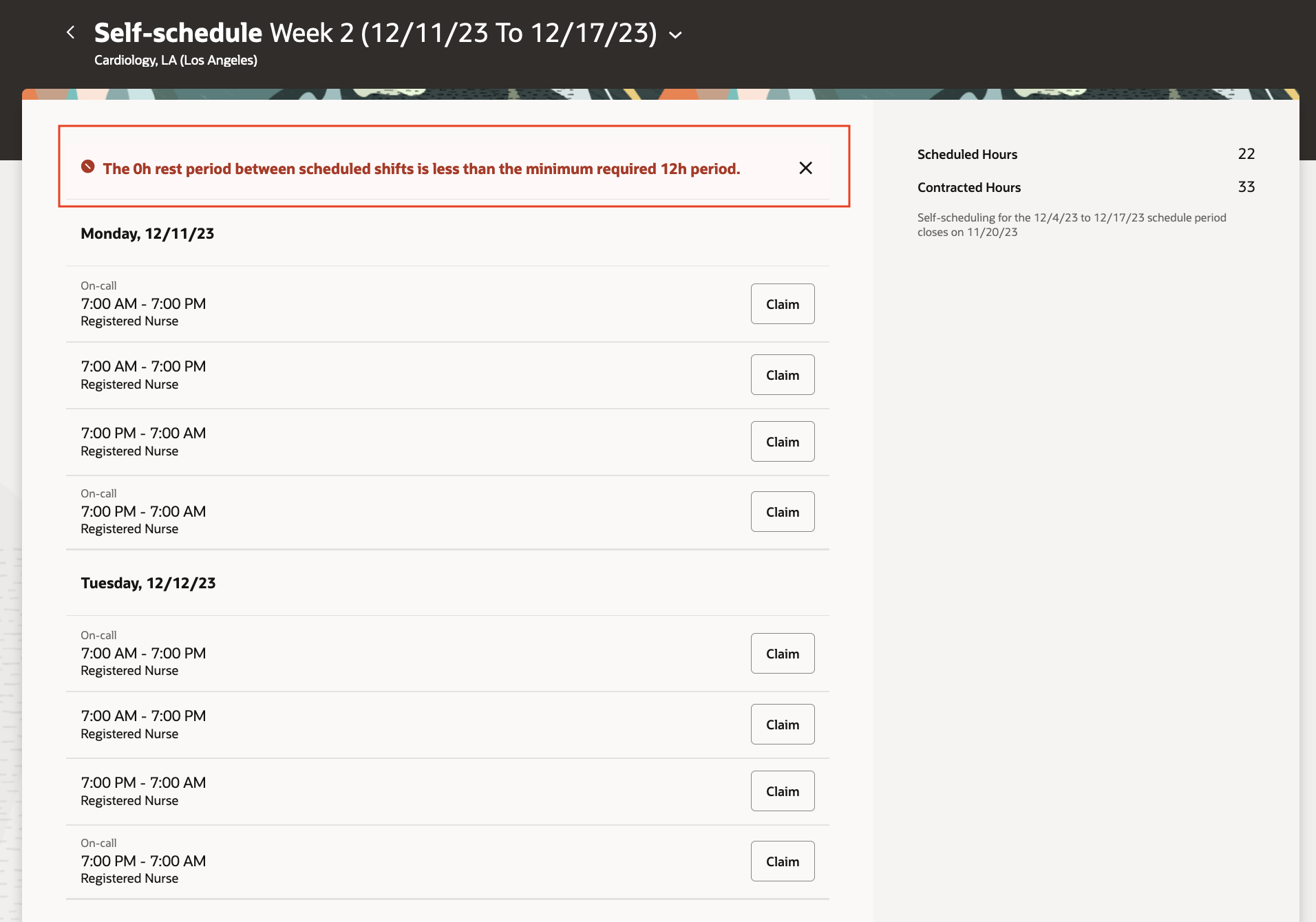 Self-Scheduling Page Showing an Error Banner Preventing the Person from Claiming a Shift.