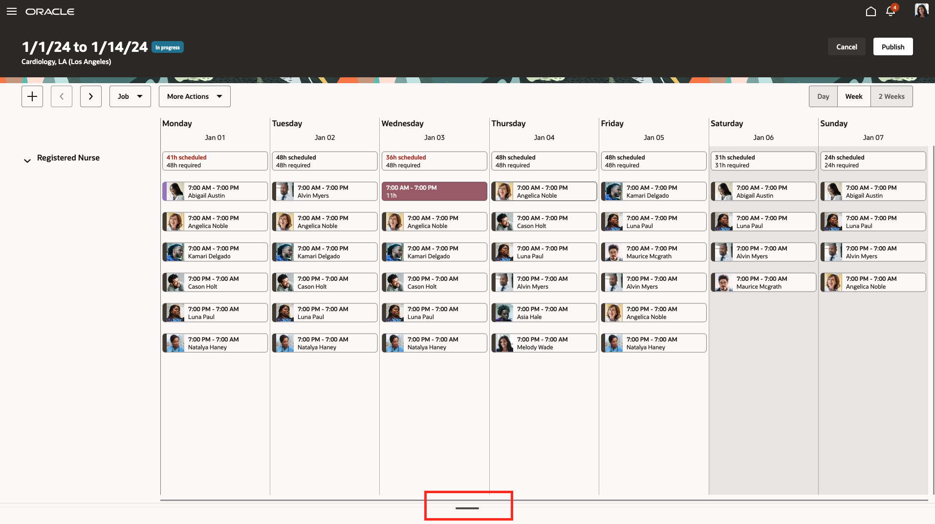 2-Week Schedule Showing the First Week of Shifts Grouped by Job