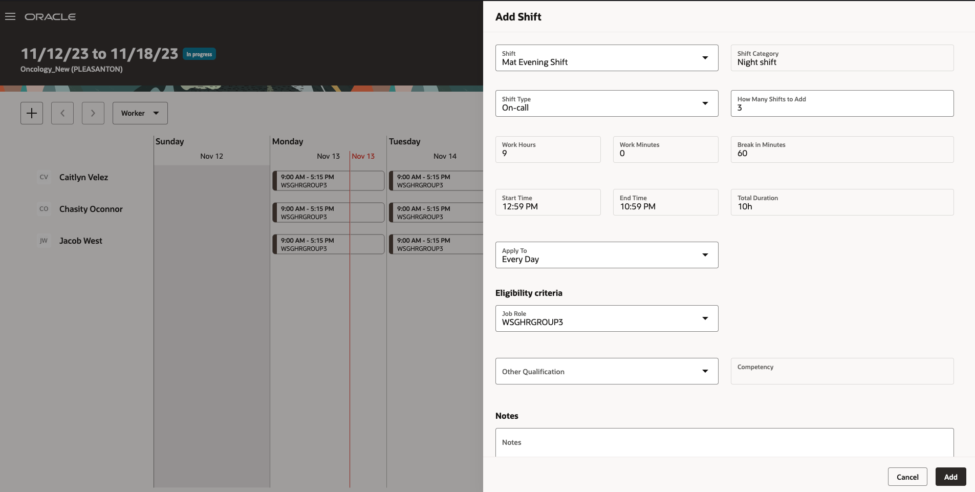 Add Shift Panel Drawer Showing the On-call Shift Type