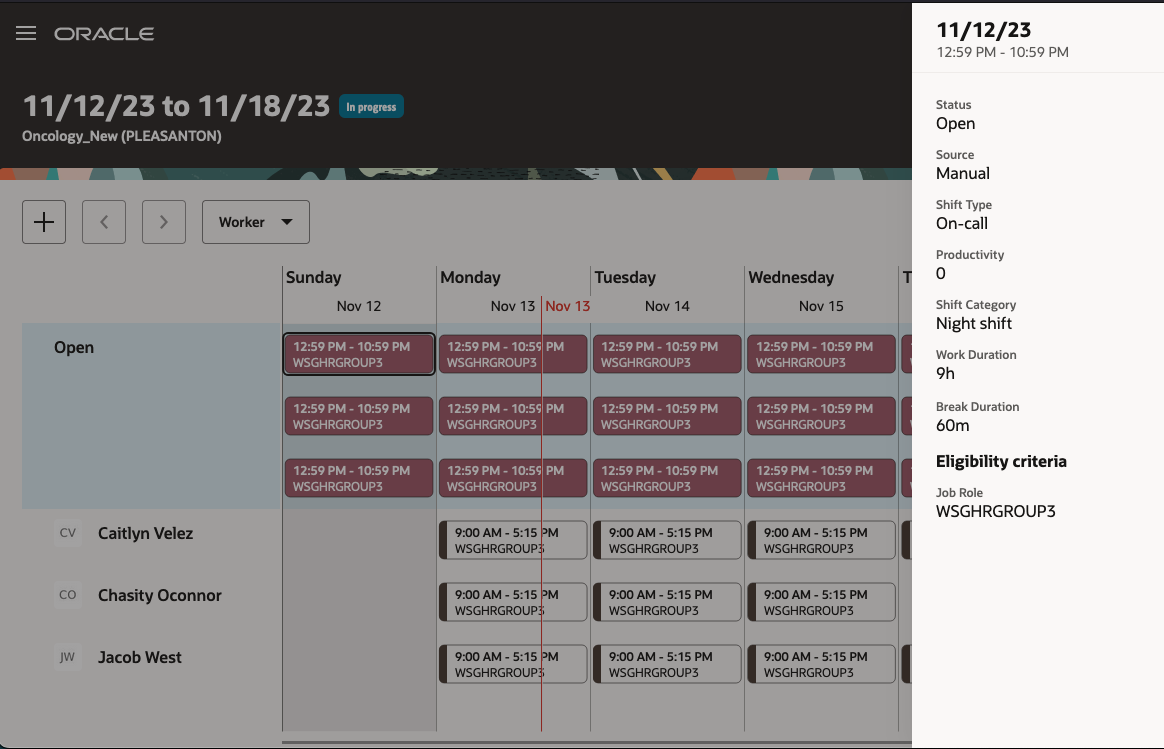 Shift Details Panel Drawer Showing the On-Call Shift Type and 0 Productivity Percentage