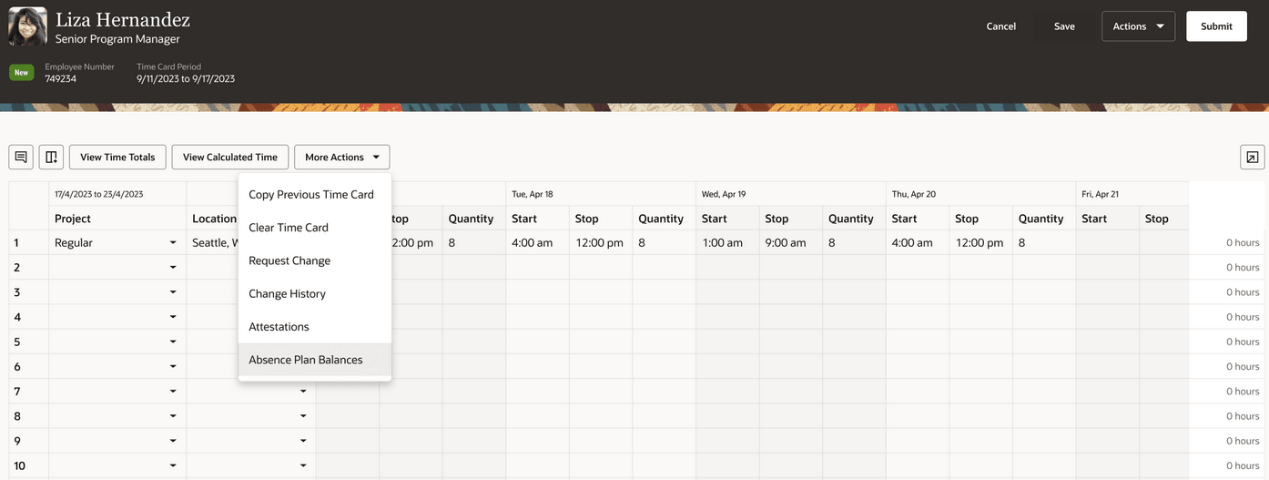 Screen capture of the Absence Plan Balances option on the time card.