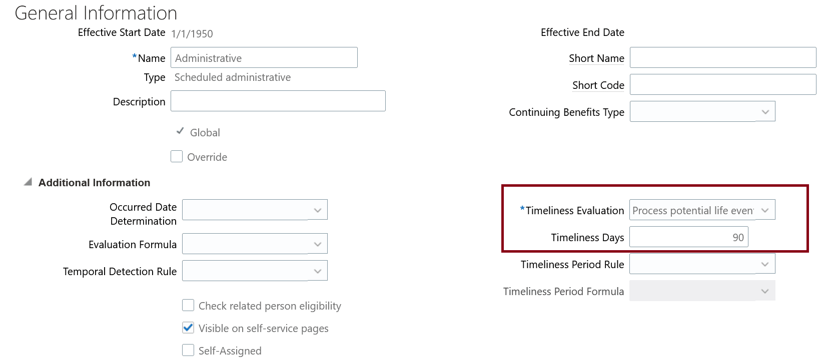 Screen capture of the Benefits Life Events page with Timeliness Evaluation and Timeliness Days fields highlighted.