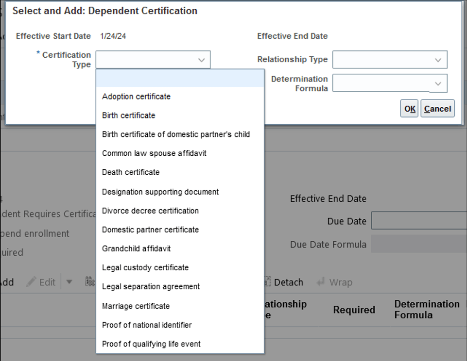 Screen capture of  the Certification Types drop-down list. 