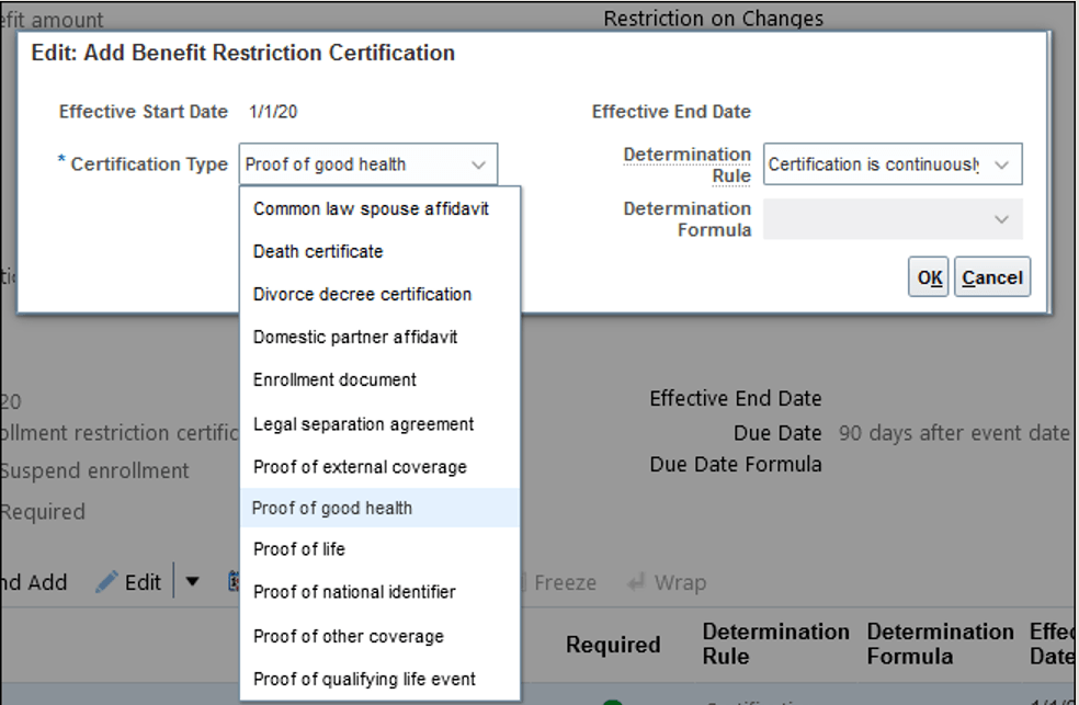 Screen capture of  the Certification Types drop-down list. 