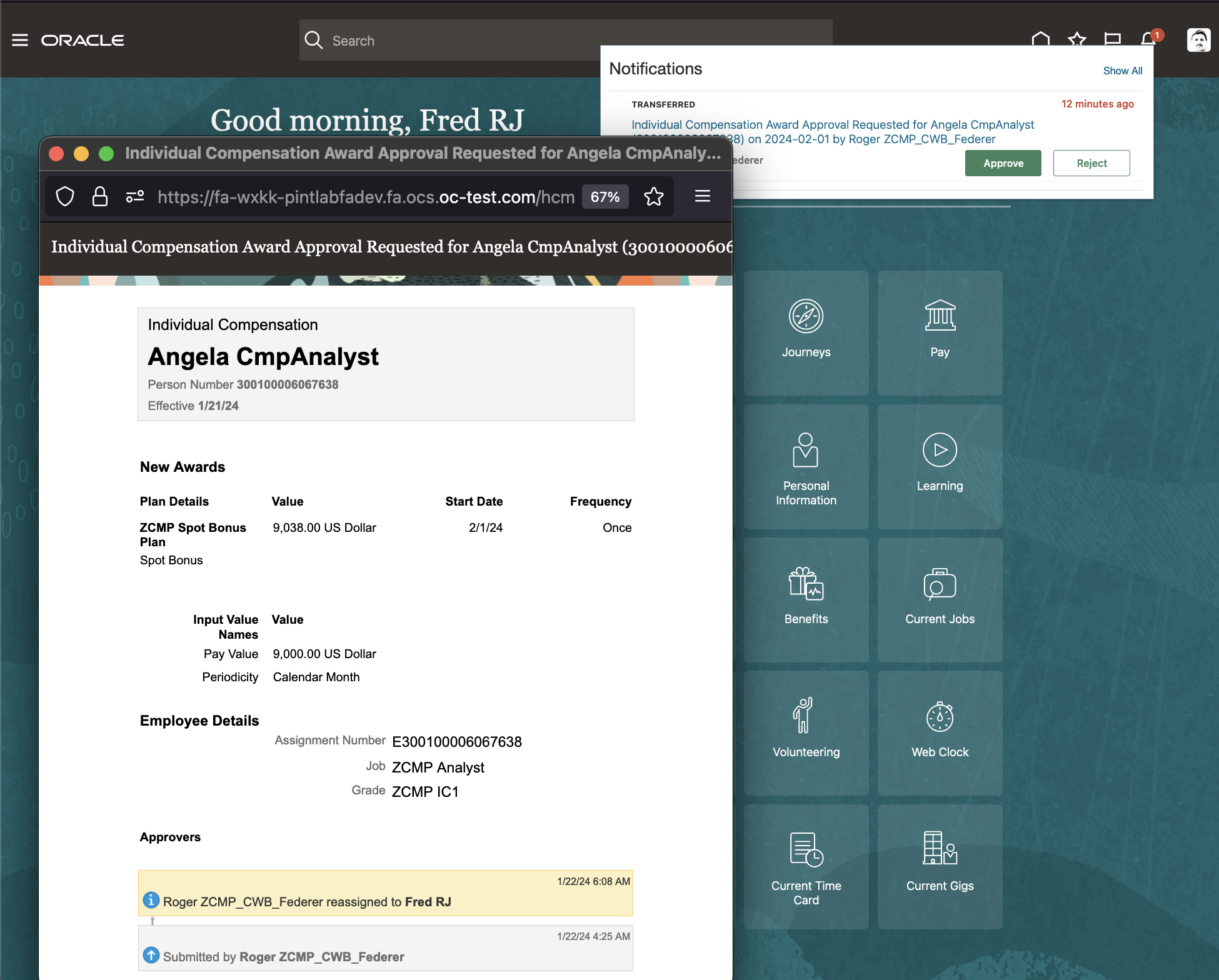Screen capture of the Approver with the New Read-Only Aggregate Privilege, Without Manage Privilege