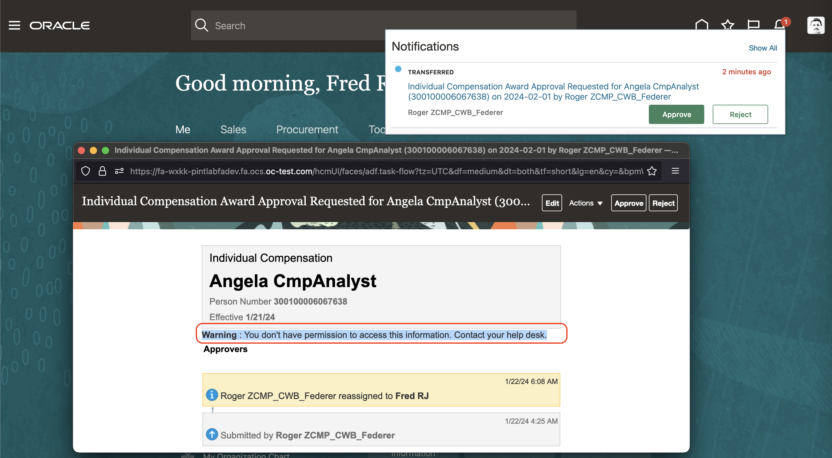 Screen capture of the Approver without Manage and Read-only Aggregate Privilege