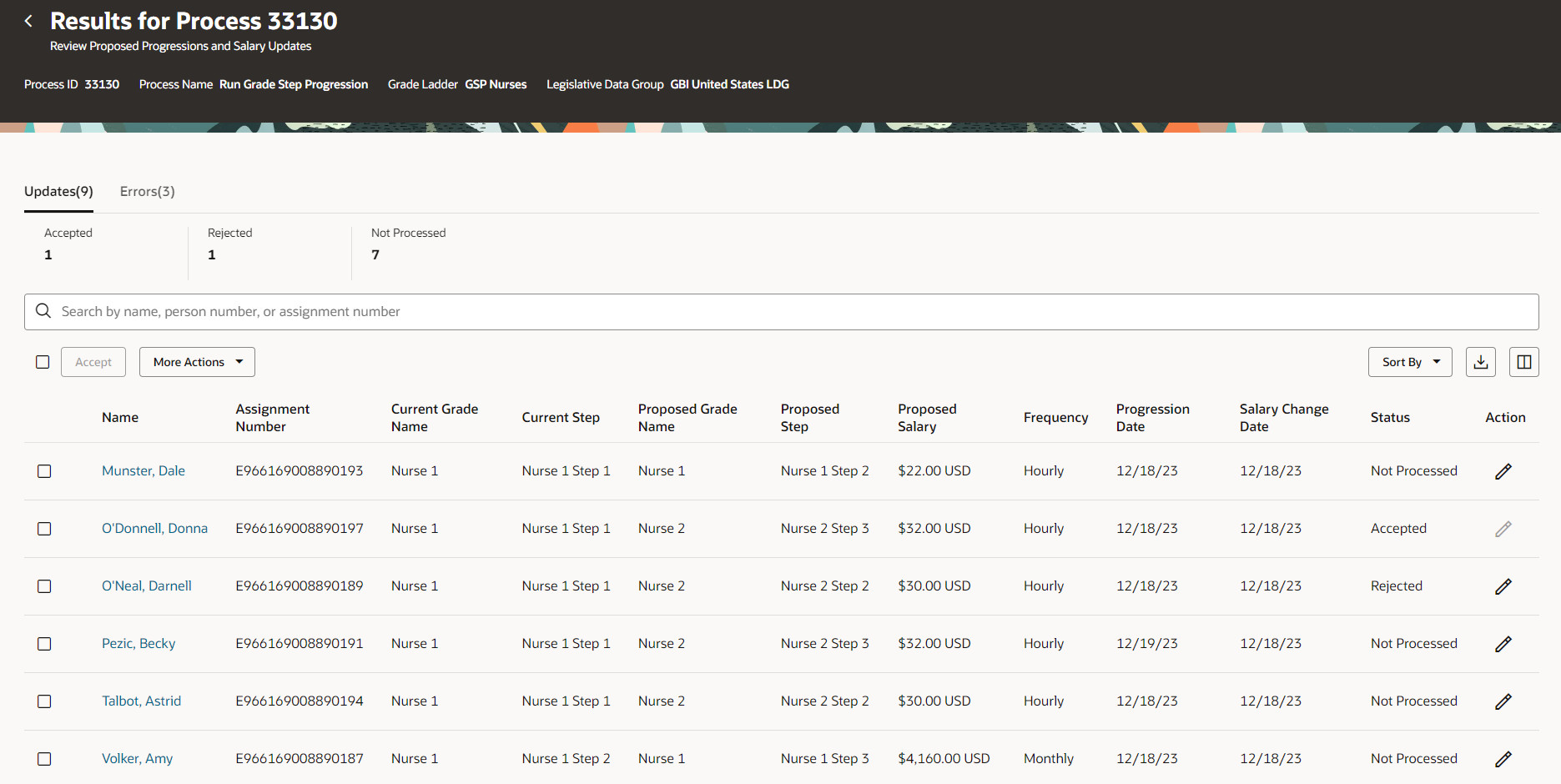 Screen capture of Review Proposed Progressions and Salary Updates page, Updates tab