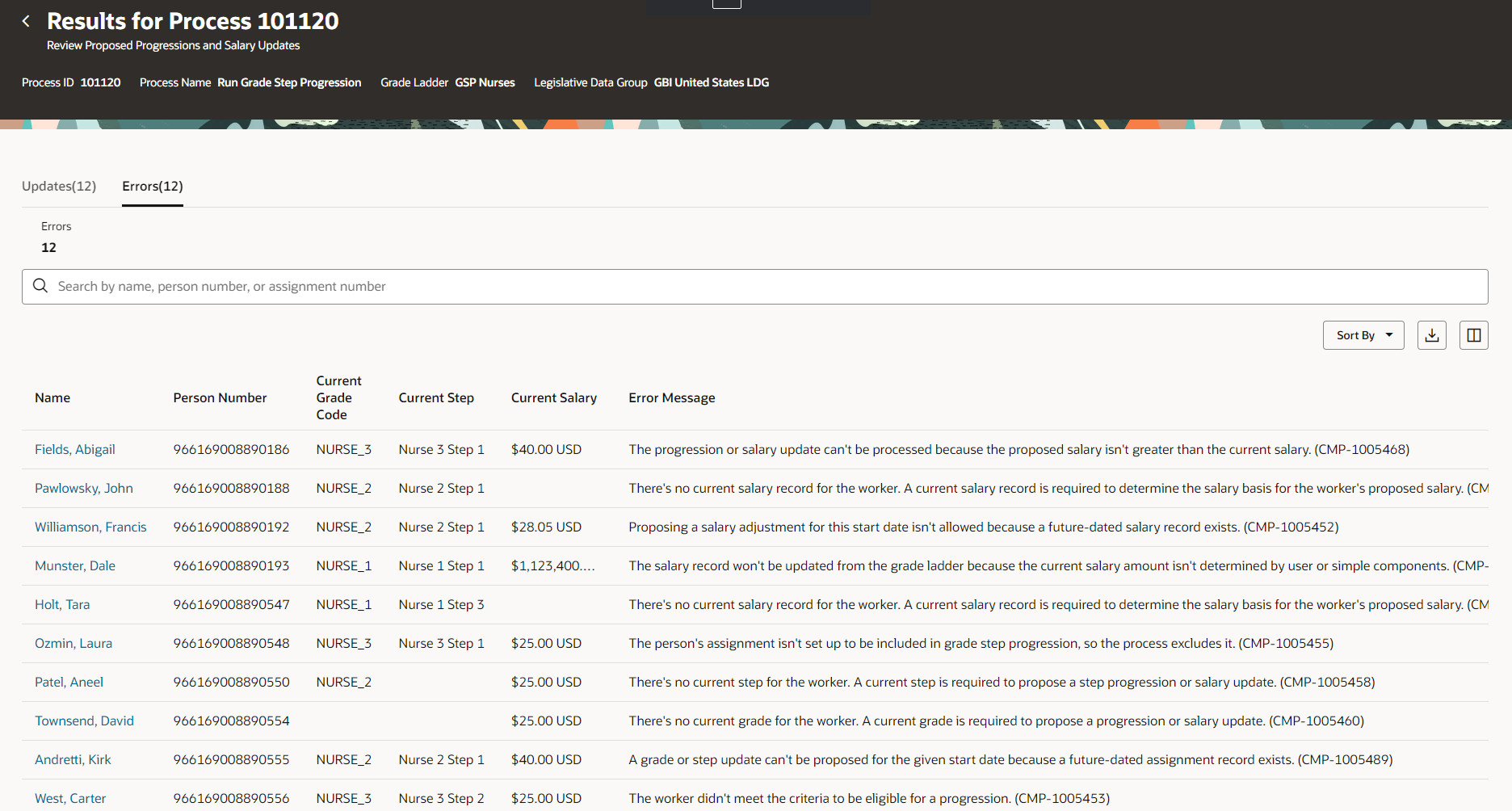 Screen capture of the Review Proposed Progressions and Salary Updates page, Errors tab
