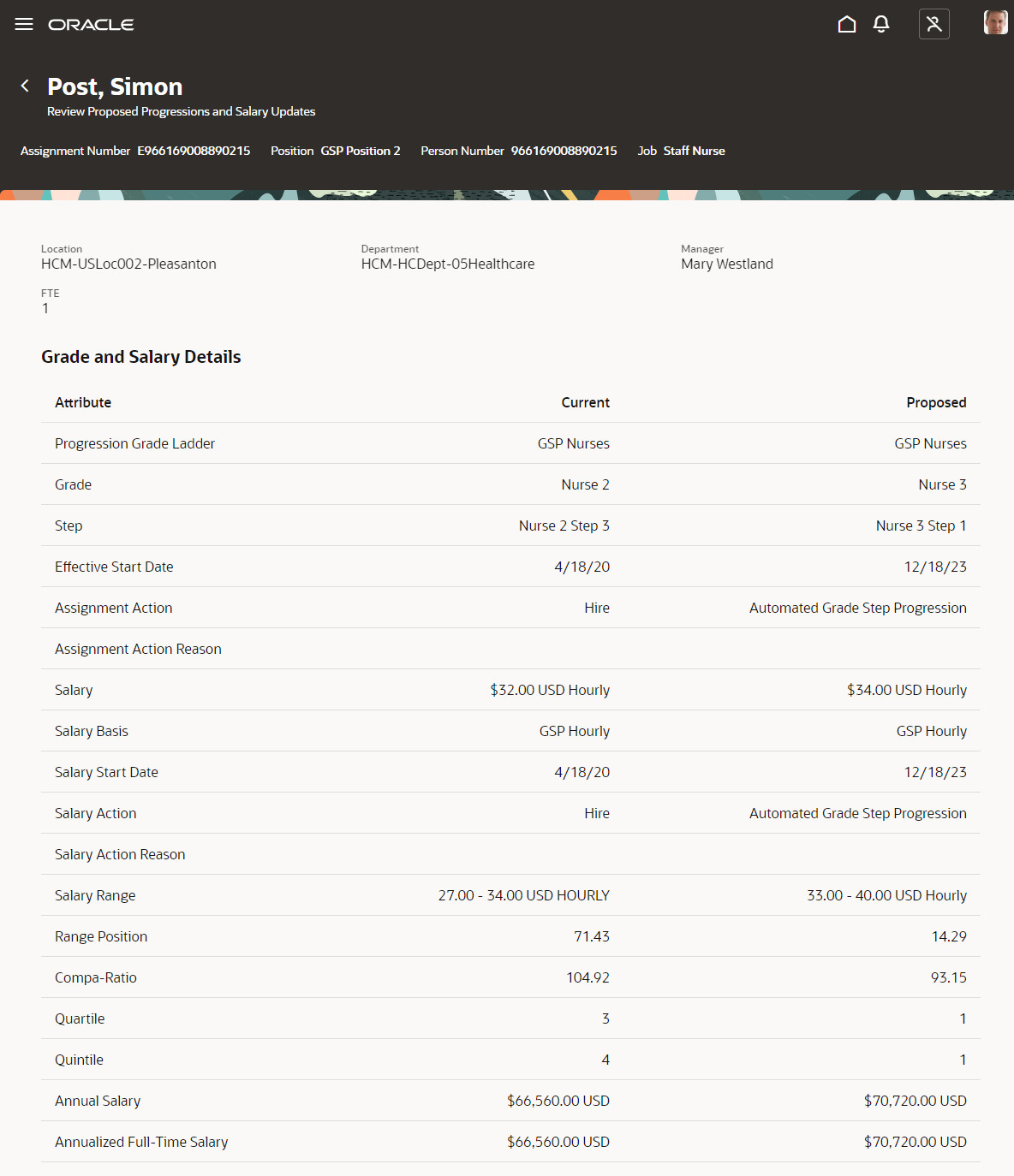 Screen capture of the Review Proposed Progressions and Salary Updates, Assignment and Salary Details
