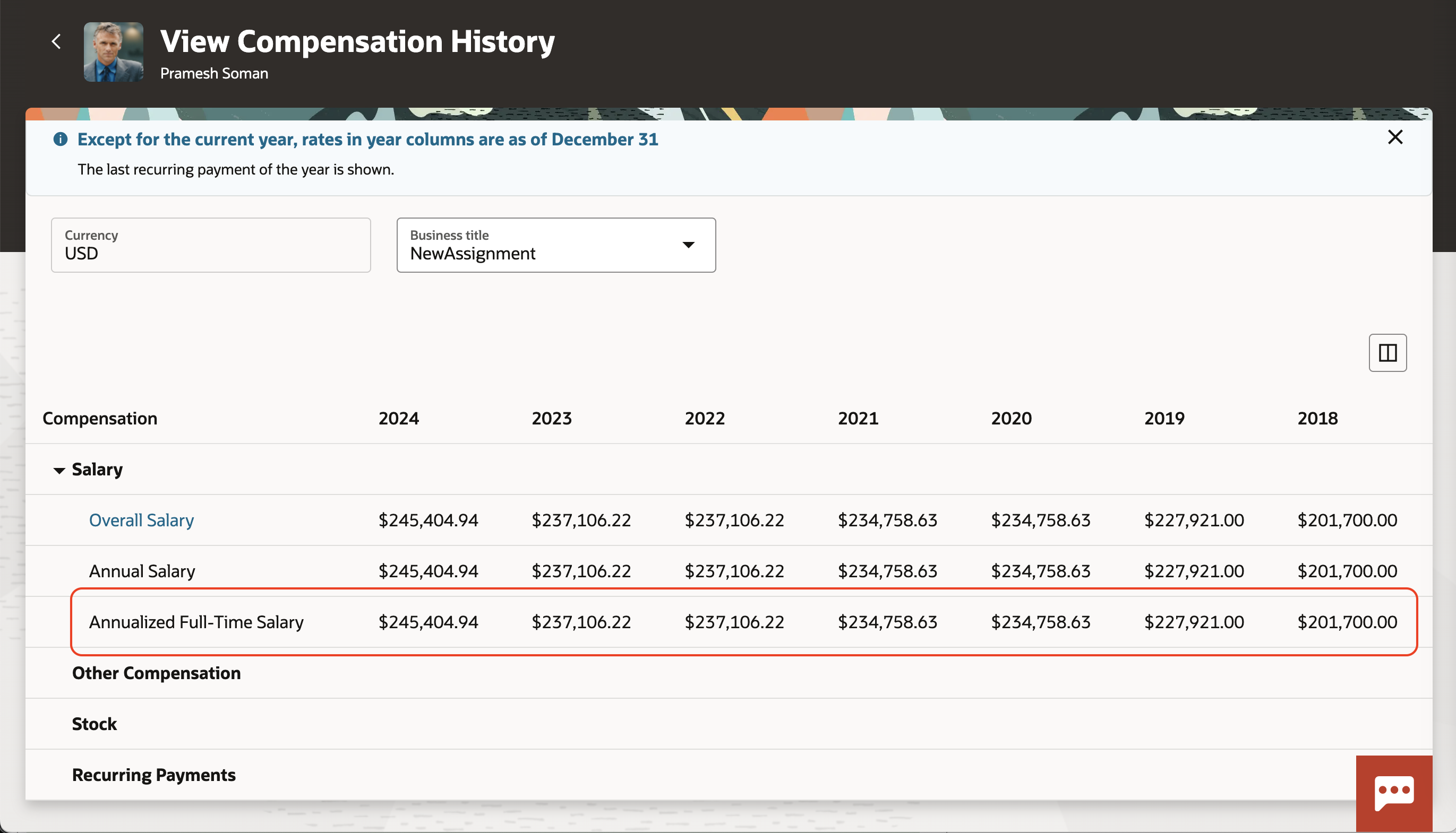 Screen capture of the Landing Page Showing the Annualized Full-Time Salary Row and Not Showing the Percentage Row