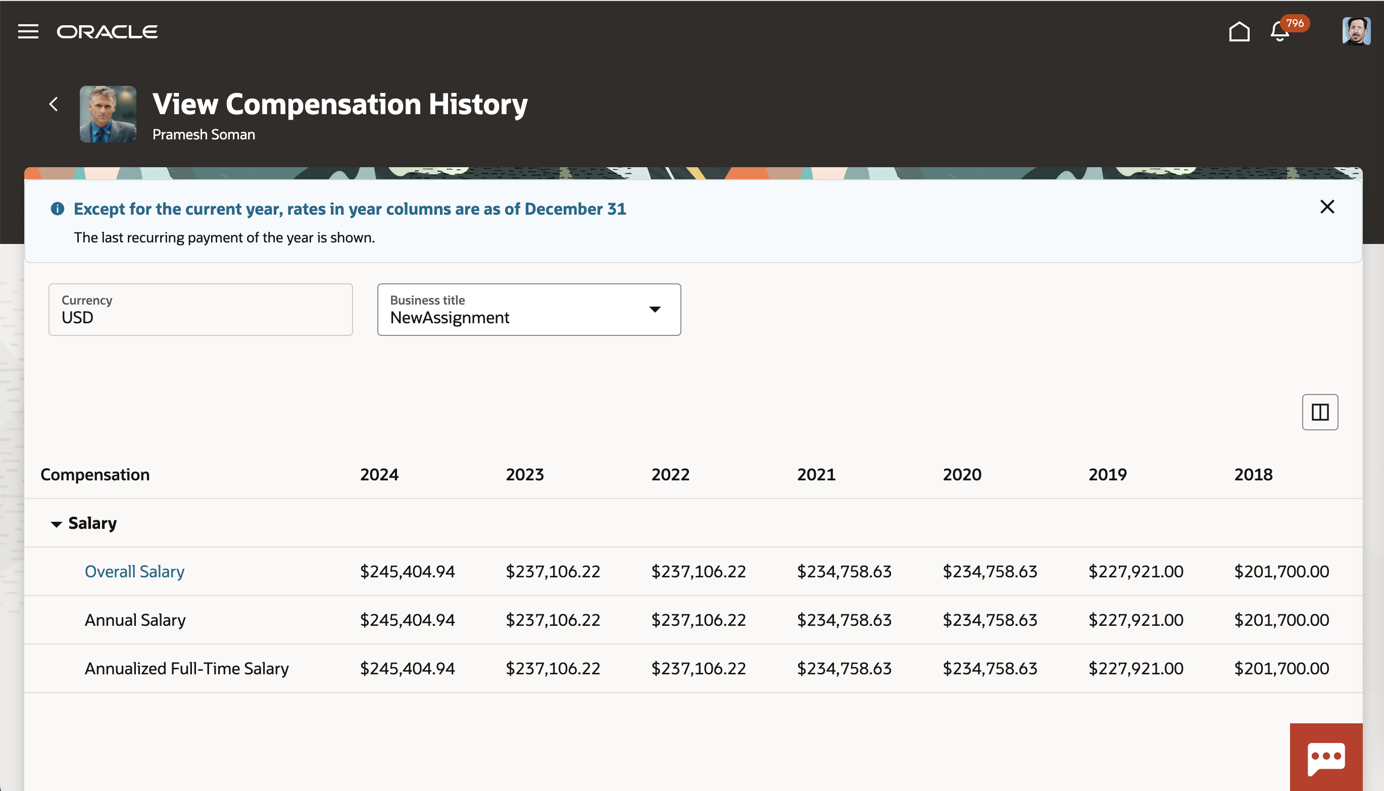 Screen capture of the Landing Page Not Showing Other Compensation, Stock, and Recurring Payments Sections