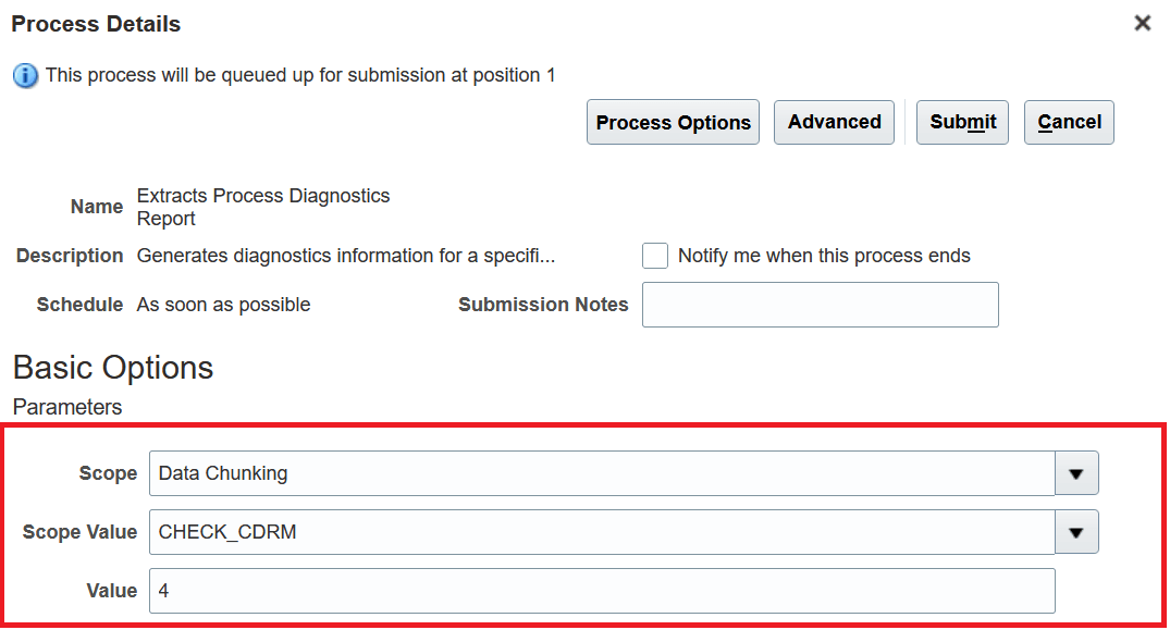 Screen capture of the Extracts Process Diagnostics Report process for XML data chunking tab interface with the basic option parameters highlighted 