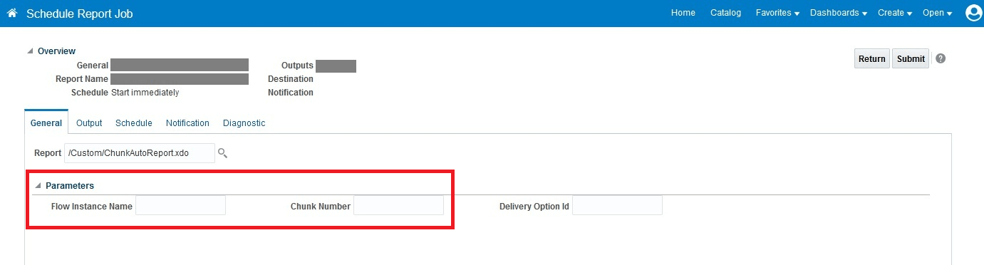 Screen capture of the General tab of the Schedule Report Job interface with its parameters highlighted 