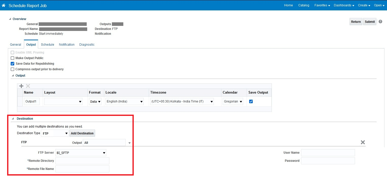 Screen capture of the Output tab of the Schedule Report Job interface with its output destination options highlighted