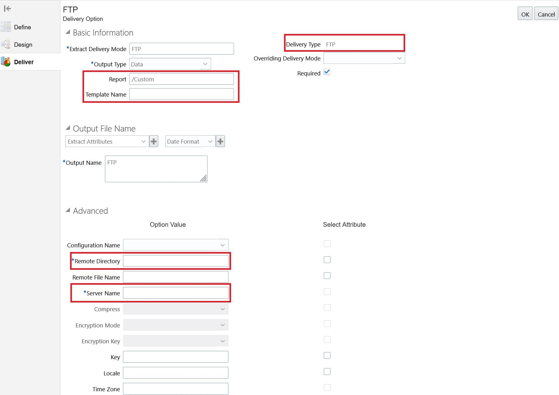 Screen capture of the FTP Delivery Option basic and advanced information options highlighted 