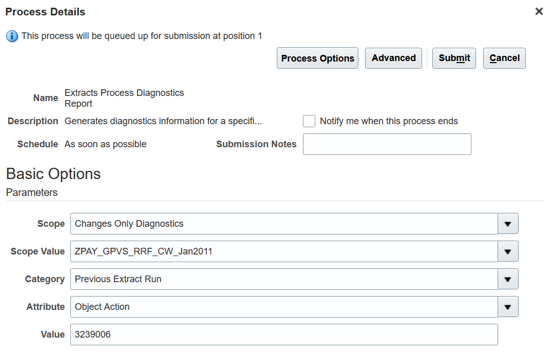 Screen capture of the Changes Only Extracts Diagnostics Process with its Basic Options parameters