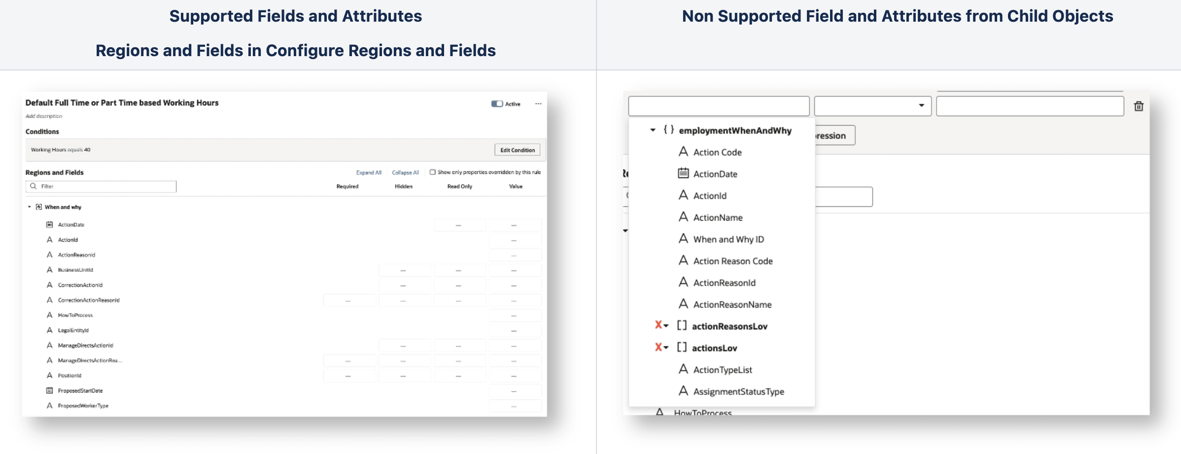 Supported and Not Supported Fields and Attributes