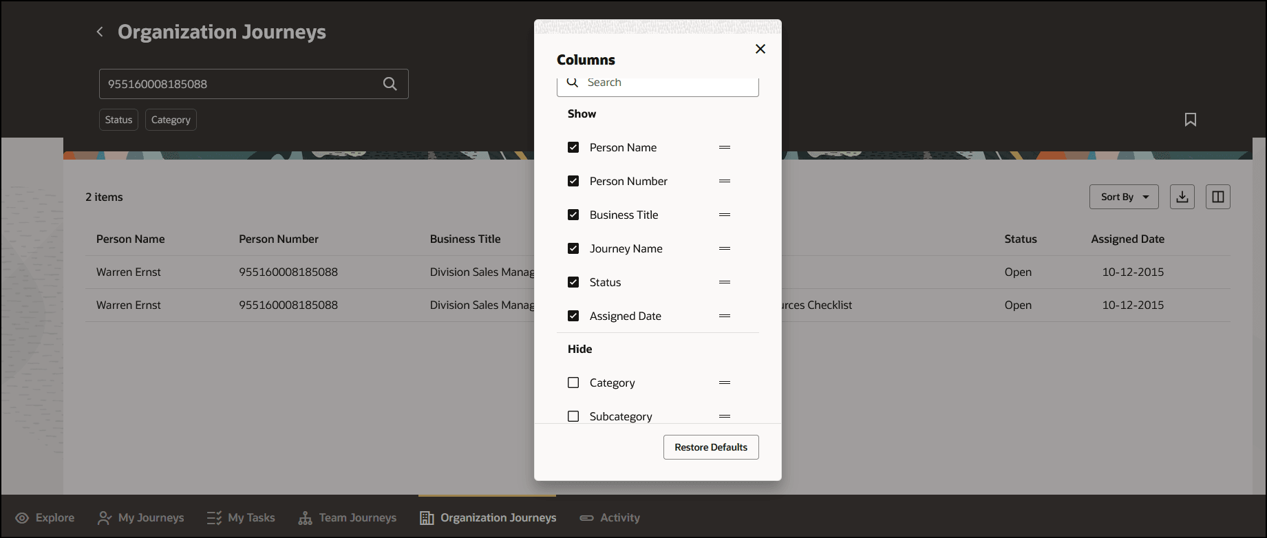Select the Columns to Display and Unhide Columns in Search Results