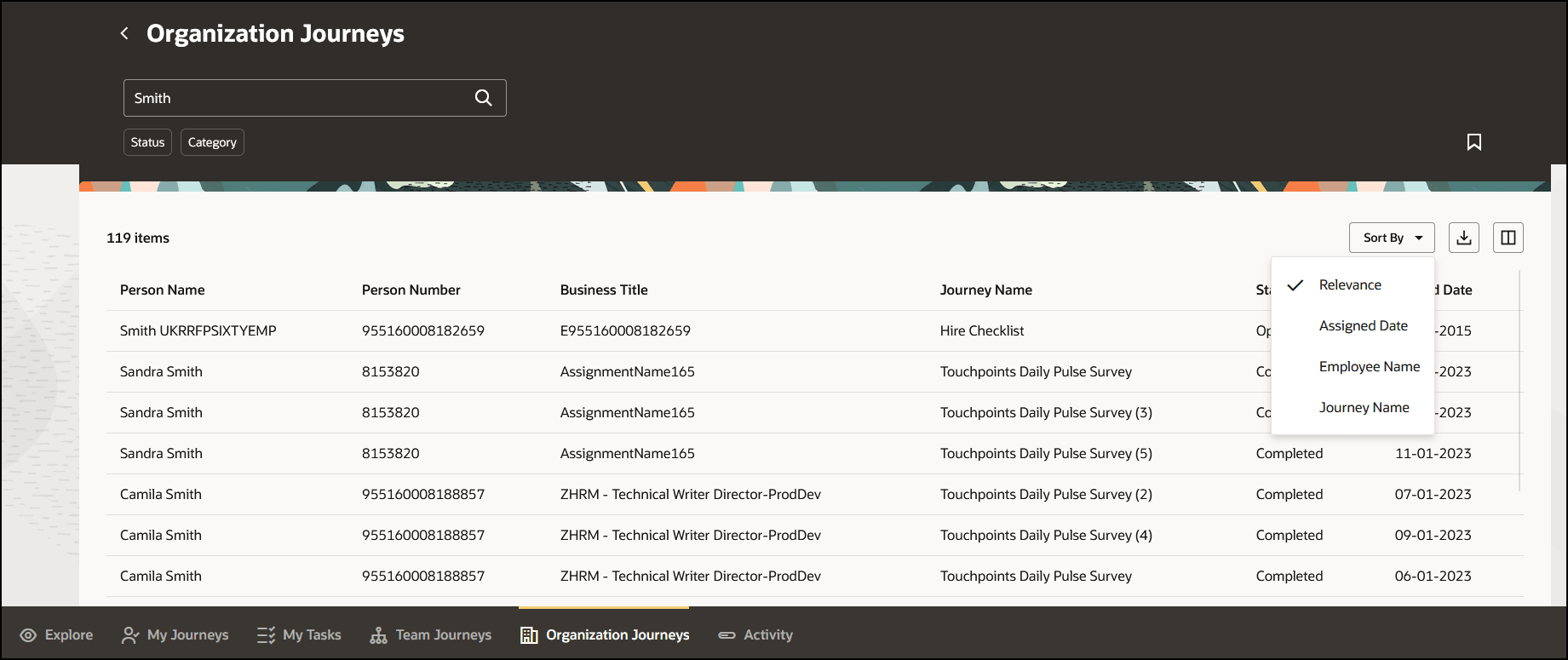Sort the Organization Journeys